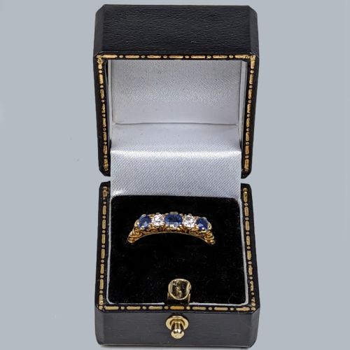 VICTORIAN SAPPHIRE AND DIAMOND RING 18CT GOLD ORNATE ANTIQUE FIVE STONE RING - ADDITIONAL PHOTO 5