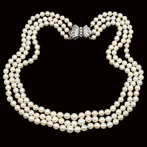 pearl necklace with diamond clasp vintage three strand 1950s necklace with anchorcert certificate - CATEGORY: ANTIQUE JEWELLERY - DATED 1950