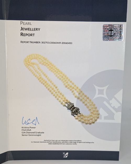 PEARL NECKLACE WITH DIAMOND CLASP VINTAGE THREE STRAND 1950S NECKLACE WITH ANCHORCERT CERTIFICATE - ADDITIONAL PHOTO 7