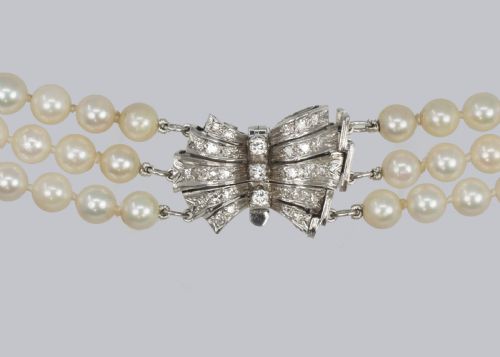 PEARL NECKLACE WITH DIAMOND CLASP VINTAGE THREE STRAND 1950S NECKLACE WITH ANCHORCERT CERTIFICATE - ADDITIONAL PHOTO 10