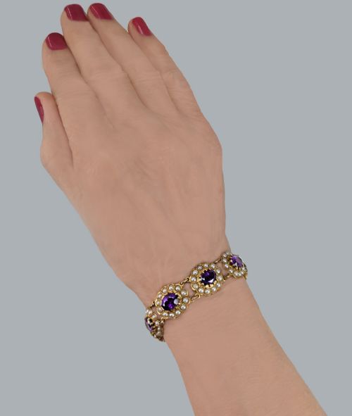 VICTORIAN AMETHYST SEED PEARL BRACELET 9CT GOLD ANTIQUE BRACELET CIRCA 1890 - ADDITIONAL PHOTO 1