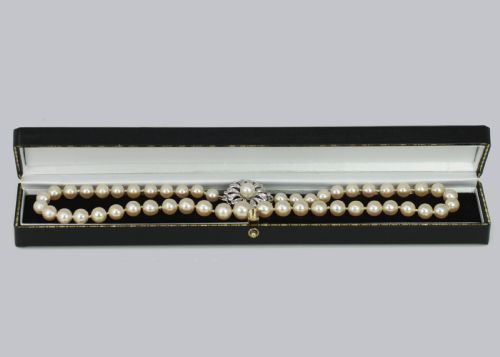 VINTAGE SINGLE STRAND PEARL NECKLACE DIAMOND FLORAL CLASP 1950S PEARLS 9MM 65MM - ADDITIONAL PHOTO 5