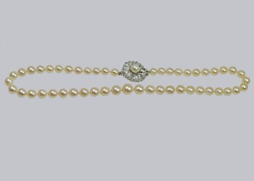 VINTAGE SINGLE STRAND PEARL NECKLACE DIAMOND FLORAL CLASP 1950S PEARLS 9MM 65MM - ADDITIONAL PHOTO 6