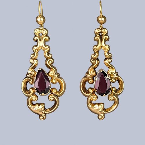 victorian garnet drop earrings antique 9ct gold scroll 2 long dangling earrings - CATEGORY: ANTIQUE JEWELLERY - DATED VICTORIAN