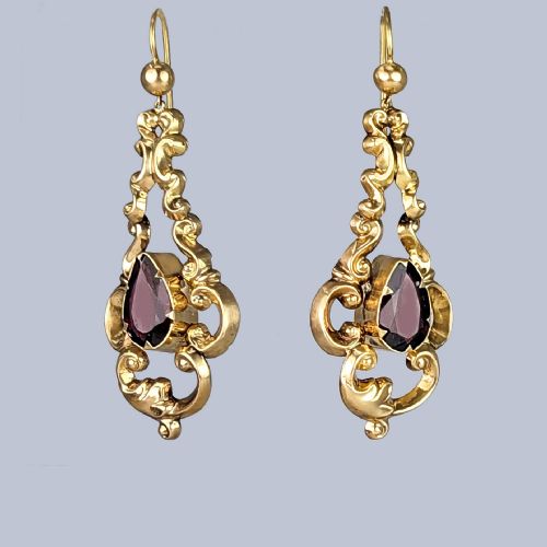 VICTORIAN GARNET DROP EARRINGS ANTIQUE 9CT GOLD SCROLL 2 LONG DANGLING EARRINGS - ADDITIONAL PHOTO 1