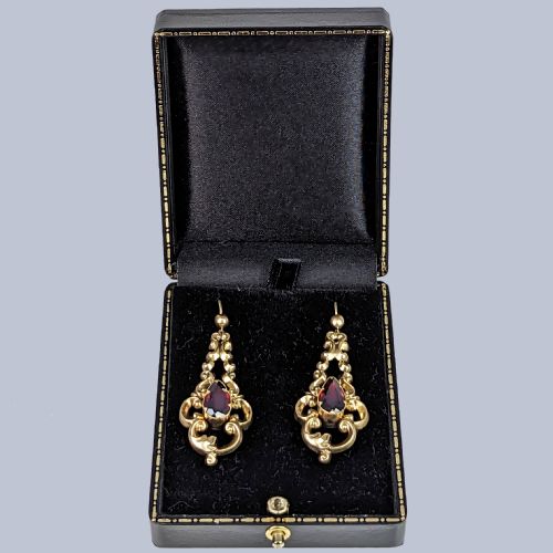 VICTORIAN GARNET DROP EARRINGS ANTIQUE 9CT GOLD SCROLL 2 LONG DANGLING EARRINGS - ADDITIONAL PHOTO 2