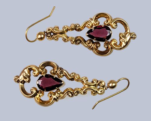 VICTORIAN GARNET DROP EARRINGS ANTIQUE 9CT GOLD SCROLL 2 LONG DANGLING EARRINGS - ADDITIONAL PHOTO 3