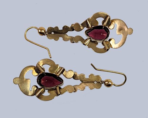 VICTORIAN GARNET DROP EARRINGS ANTIQUE 9CT GOLD SCROLL 2 LONG DANGLING EARRINGS - ADDITIONAL PHOTO 4