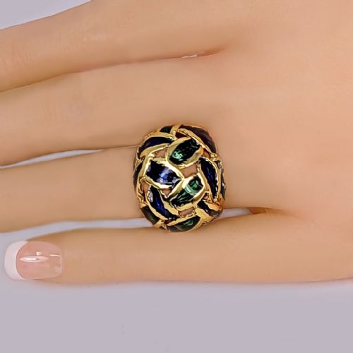 VINTAGE KUTCHINSKY RING BLUE AND GREEN ENAMEL 18CT GOLD BOMB RING LONDON 1967 - ADDITIONAL PHOTO 1