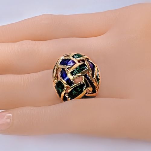 VINTAGE KUTCHINSKY RING BLUE AND GREEN ENAMEL 18CT GOLD BOMB RING LONDON 1967 - ADDITIONAL PHOTO 2