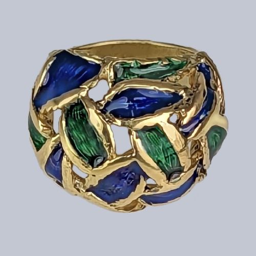 VINTAGE KUTCHINSKY RING BLUE AND GREEN ENAMEL 18CT GOLD BOMB RING LONDON 1967 - ADDITIONAL PHOTO 3