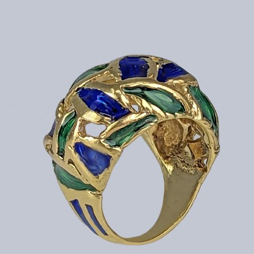 VINTAGE KUTCHINSKY RING BLUE AND GREEN ENAMEL 18CT GOLD BOMB RING LONDON 1967 - ADDITIONAL PHOTO 4