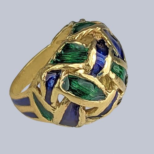 VINTAGE KUTCHINSKY RING BLUE AND GREEN ENAMEL 18CT GOLD BOMB RING LONDON 1967 - ADDITIONAL PHOTO 6