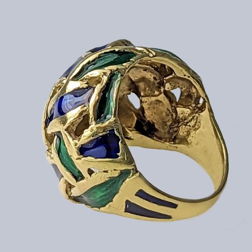 VINTAGE KUTCHINSKY RING BLUE AND GREEN ENAMEL 18CT GOLD BOMB RING LONDON 1967 - ADDITIONAL PHOTO 7