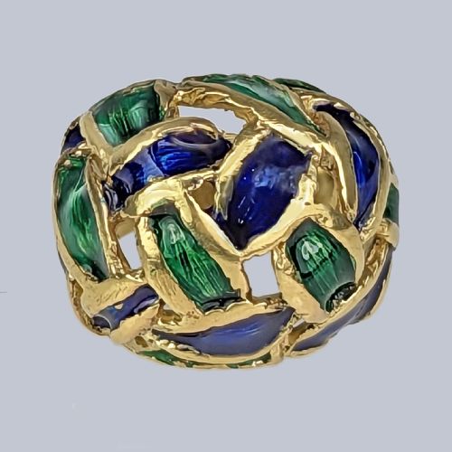 VINTAGE KUTCHINSKY RING BLUE AND GREEN ENAMEL 18CT GOLD BOMB RING LONDON 1967 - ADDITIONAL PHOTO 8