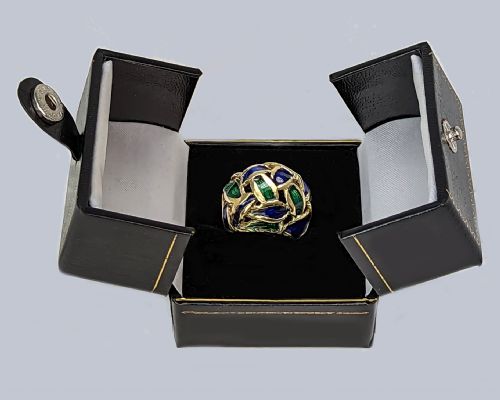 VINTAGE KUTCHINSKY RING BLUE AND GREEN ENAMEL 18CT GOLD BOMB RING LONDON 1967 - ADDITIONAL PHOTO 10