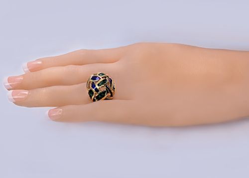 VINTAGE KUTCHINSKY RING BLUE AND GREEN ENAMEL 18CT GOLD BOMB RING LONDON 1967 - ADDITIONAL PHOTO 12