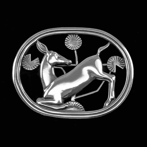 GEORG JENSEN FAWN BROOCH ARNO MALINOWSKI VINTAGE SILVER 193344 DEER KNEELING IN FLOWERS 256 - ADDITIONAL PHOTO 1