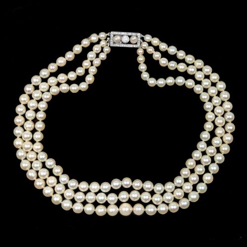 Edwardian Pearl Choker Triple Stand Diamond Clasp Antique 3 Row Pearl Necklace with Gem Lab Report