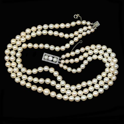 fig 2. Edwardian Pearl Choker Triple Stand Diamond Clasp Antique 3 Row Pearl Necklace With Gem Lab Report