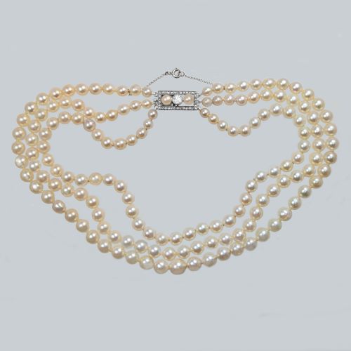fig 3. Edwardian Pearl Choker Triple Stand Diamond Clasp Antique 3 Row Pearl Necklace With Gem Lab Report