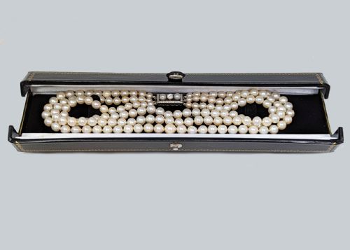 fig 5. Edwardian Pearl Choker Triple Stand Diamond Clasp Antique 3 Row Pearl Necklace With Gem Lab Report