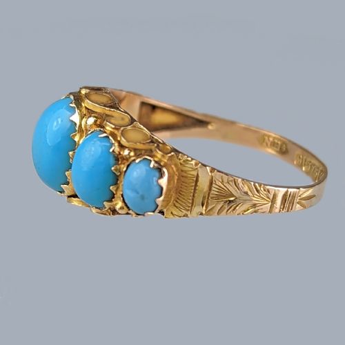 ANTIQUE TURQUOISE RING HALLMARKED 1910 EDWARDIAN 9CT GOLD FIVE STONE ORNATE RING - ADDITIONAL PHOTO 1