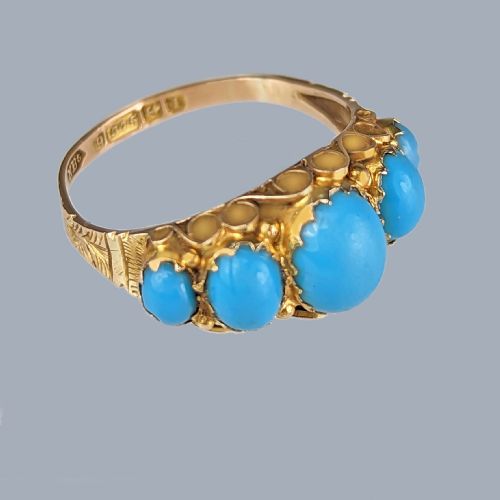 ANTIQUE TURQUOISE RING HALLMARKED 1910 EDWARDIAN 9CT GOLD FIVE STONE ORNATE RING - ADDITIONAL PHOTO 2