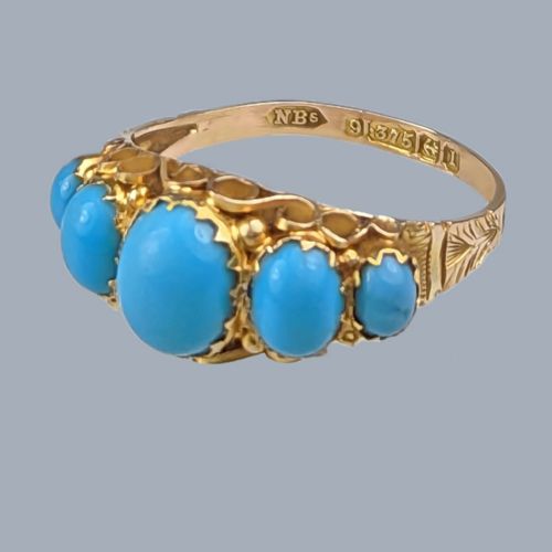 ANTIQUE TURQUOISE RING HALLMARKED 1910 EDWARDIAN 9CT GOLD FIVE STONE ORNATE RING - ADDITIONAL PHOTO 3