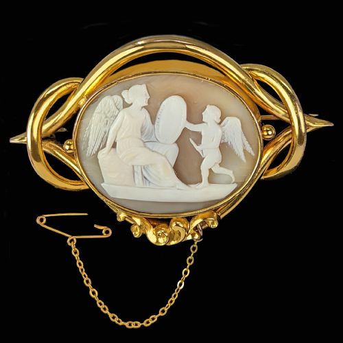 VICTORIAN SHELL CAMEO 3 LARGE BROOCH NIKE GODDESS OF VICTORY 9CT GOLD SCROLL SHELL BROOCH - ADDITIONAL PHOTO 1