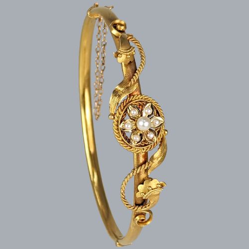 ANTIQUE 15CT GOLD PEARL BANGLE VICTORIAN BELLE EPOQUE PEARL BRACELET CIRCA 1890 - ADDITIONAL PHOTO 1