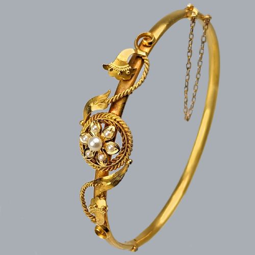 ANTIQUE 15CT GOLD PEARL BANGLE VICTORIAN BELLE EPOQUE PEARL BRACELET CIRCA 1890 - ADDITIONAL PHOTO 2