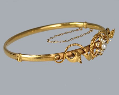 ANTIQUE 15CT GOLD PEARL BANGLE VICTORIAN BELLE EPOQUE PEARL BRACELET CIRCA 1890 - ADDITIONAL PHOTO 3