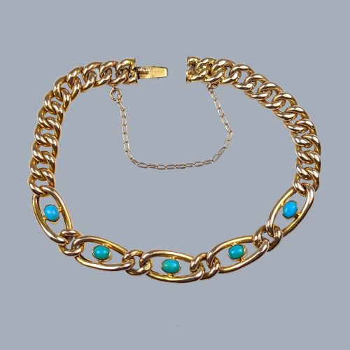 VICTORIAN TURQUOISE BRACELET 9CT YELLOW GOLD ANTIQUE CURB LINK BRACELET - ADDITIONAL PHOTO 1