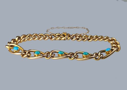 VICTORIAN TURQUOISE BRACELET 9CT YELLOW GOLD ANTIQUE CURB LINK BRACELET - ADDITIONAL PHOTO 3