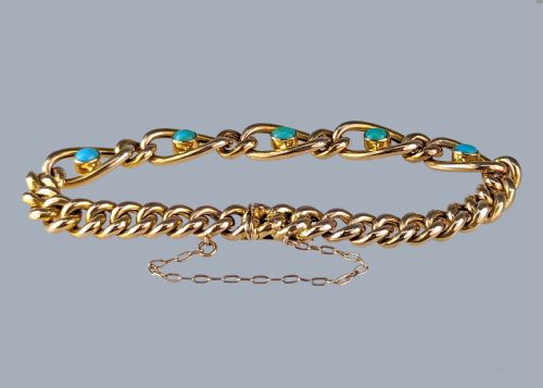 VICTORIAN TURQUOISE BRACELET 9CT YELLOW GOLD ANTIQUE CURB LINK BRACELET - ADDITIONAL PHOTO 4