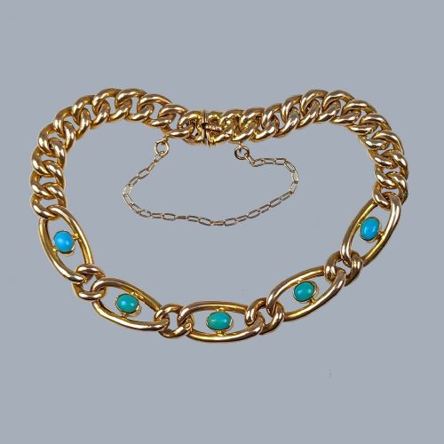 VICTORIAN TURQUOISE BRACELET 9CT YELLOW GOLD ANTIQUE CURB LINK BRACELET - ADDITIONAL PHOTO 5