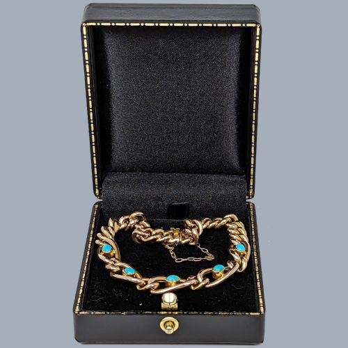 VICTORIAN TURQUOISE BRACELET 9CT YELLOW GOLD ANTIQUE CURB LINK BRACELET - ADDITIONAL PHOTO 6