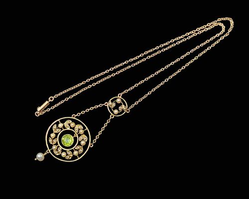 ANTIQUE PERIDOT SEED PEARL NECKLACE EDWARDIAN 15CT GOLD GARLAND NECKLACE - ADDITIONAL PHOTO 1