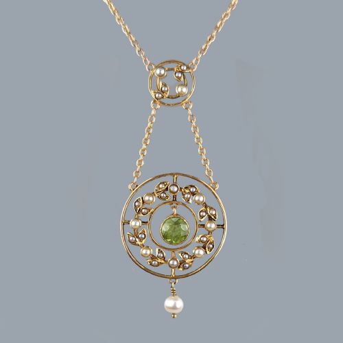 ANTIQUE PERIDOT SEED PEARL NECKLACE EDWARDIAN 15CT GOLD GARLAND NECKLACE - ADDITIONAL PHOTO 4