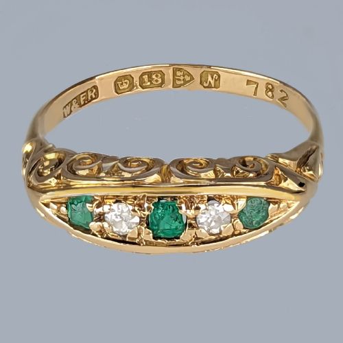 antique emerald and diamond ring 18ct gold five stone ring hallmarked chester 1913 - CATEGORY: ANTIQUE JEWELLERY - DATED EDWARDIAN