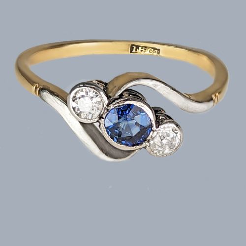 antique diamond and sapphire ring 18ct gold edwardianart deco cross over trilogy twist ring - CATEGORY: ANTIQUE JEWELLERY - DATED 1920