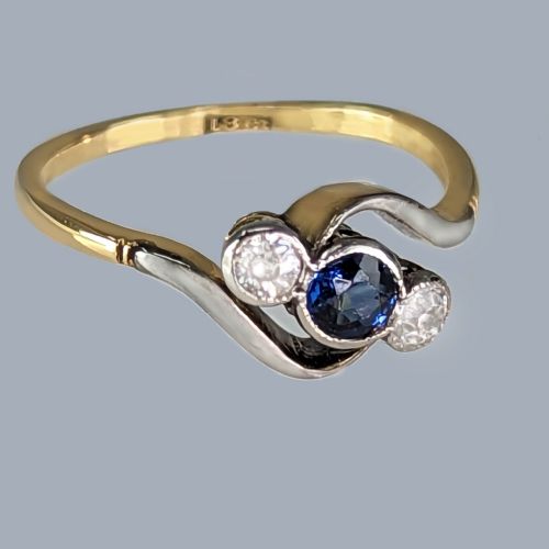 ANTIQUE DIAMOND AND SAPPHIRE RING 18CT GOLD EDWARDIANART DECO CROSS OVER TRILOGY TWIST RING - ADDITIONAL PHOTO 1
