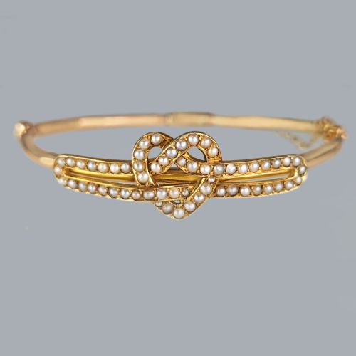 antique pearl heart bangle 15ct gold victorian seed pearl bracelet circa 1890 - CATEGORY: ANTIQUE JEWELLERY - DATED VICTORIAN