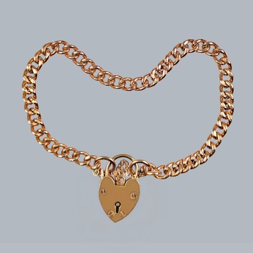 antique curb link 15ct gold bracelet with heart padlock chester 1911 rose gold - CATEGORY: ANTIQUE JEWELLERY - DATED EDWARDIAN