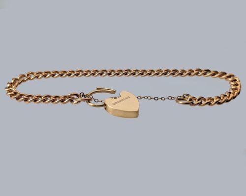 ANTIQUE CURB LINK 15CT GOLD BRACELET WITH HEART PADLOCK CHESTER 1911 ROSE GOLD - ADDITIONAL PHOTO 6