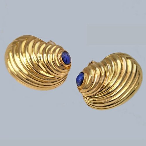 VINTAGE BOUCHERON SHELL EARRINGS 18CT GOLD 1960S LAPIS LAZULI LARGE OMEGA POST EARRINGS - ADDITIONAL PHOTO 1