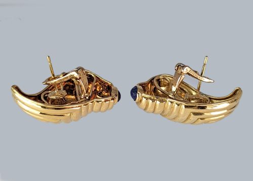 VINTAGE BOUCHERON SHELL EARRINGS 18CT GOLD 1960S LAPIS LAZULI LARGE OMEGA POST EARRINGS - ADDITIONAL PHOTO 10