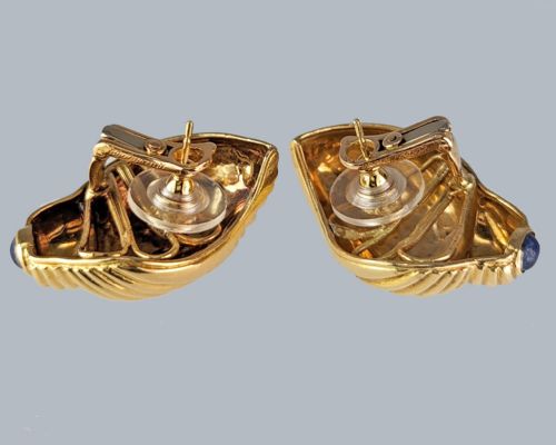VINTAGE BOUCHERON SHELL EARRINGS 18CT GOLD 1960S LAPIS LAZULI LARGE OMEGA POST EARRINGS - ADDITIONAL PHOTO 22