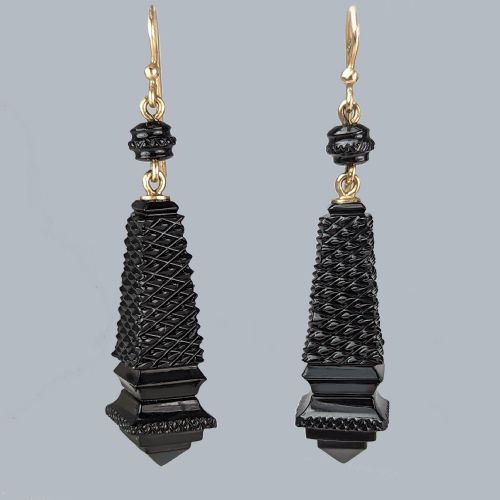 victorian whitby jet drop earrings antique carved jet dangle earrings circa 1870 - CATEGORY: ANTIQUE JEWELLERY - DATED VICTORIAN
